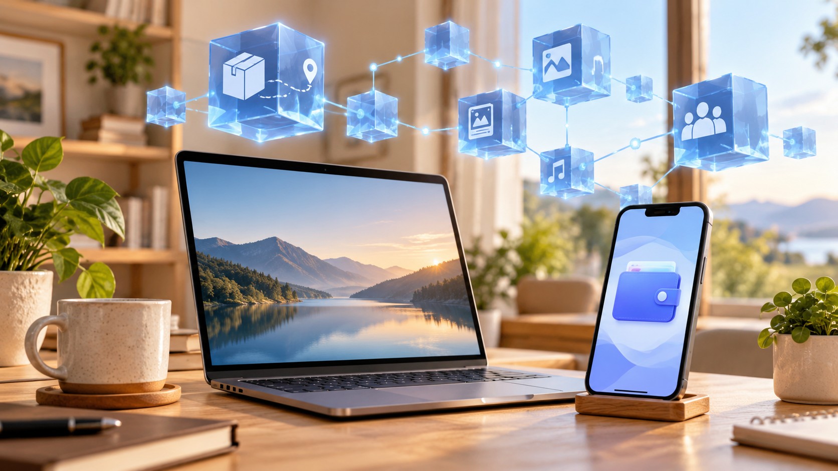 Blockchain Innovation illustrated by connected digital blocks above a laptop and smartphone displaying a wallet.