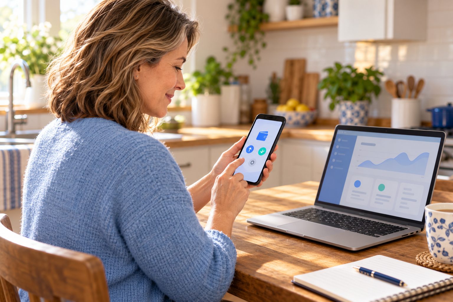 Blockchain Wallet: woman using a wallet app on her smartphone beside an open laptop.
