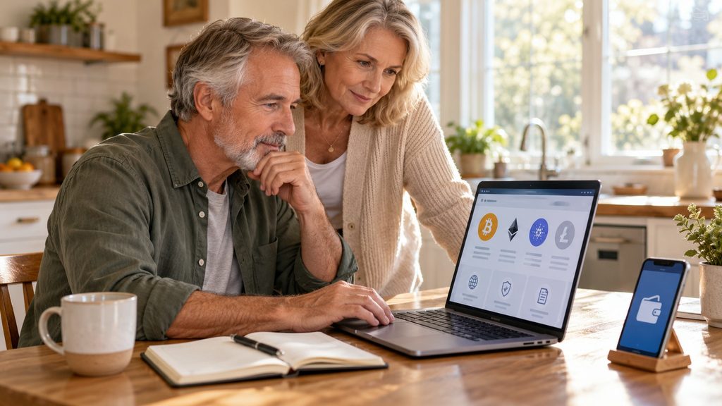 Couple exploring Free Bitcoin and Altcoin Offers on a laptop at their kitchen table.