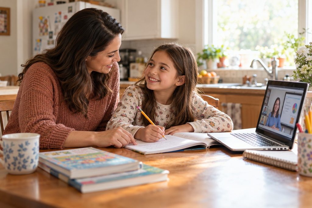 School Choice: Mother helping her daughter with a lesson at home beside a laptop showing an online teacher.